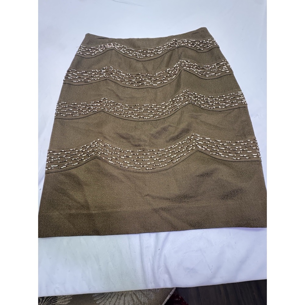 Etcetera Women's Brown Beaded Skirt Size 6 Wool Silk Blend Elegant Office Knee L